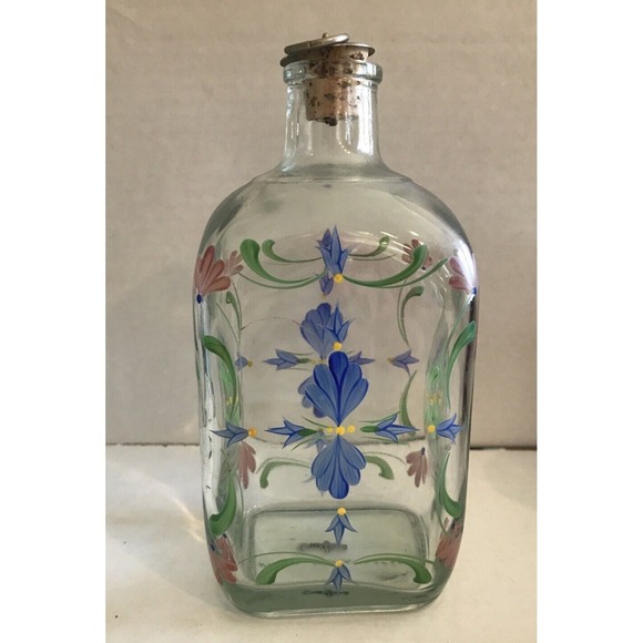 Casafina Glass Bottle Hand‎ Painted Flowers Decanter Cork Stopper Portugal - Picture 1 of 8